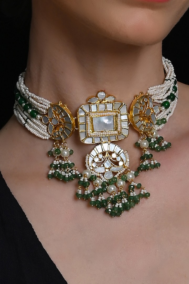 Gold Plated Mother Of Pearl Choker Necklace Set by Shlok Jewels at Pernia's Pop Up Shop