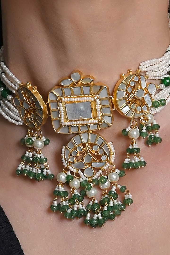 Gold Plated Mother Of Pearl Choker Necklace Set by Shlok Jewels at Pernia's Pop Up Shop
