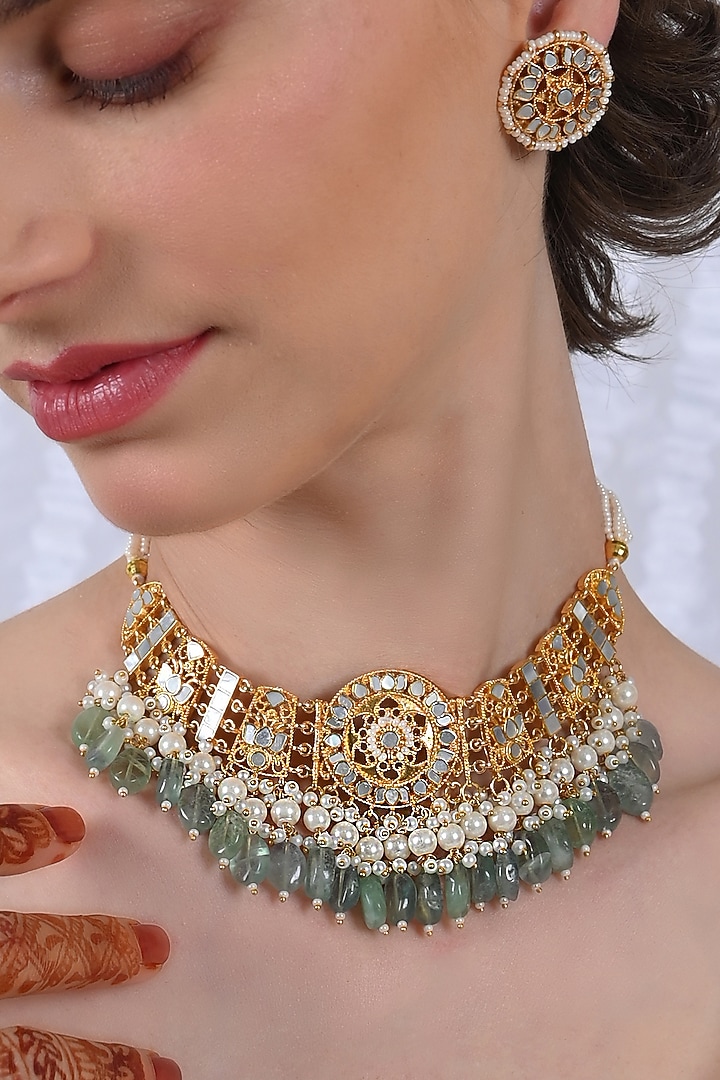 Gold Plated Mother Of Pearl Choker Necklace Set by Shlok Jewels at Pernia's Pop Up Shop