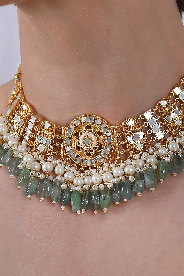 Gold Plated Mother Of Pearl Choker Necklace Set by Shlok Jewels at Pernia's Pop Up Shop