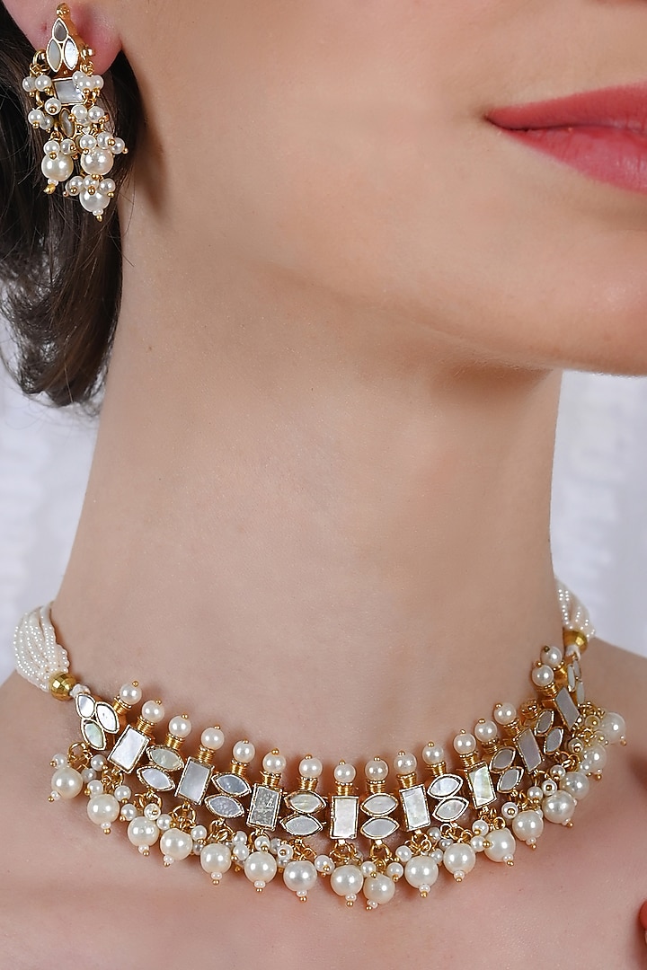 Gold Plated Mother Of Pearl Choker Necklace Set by Shlok Jewels at Pernia's Pop Up Shop