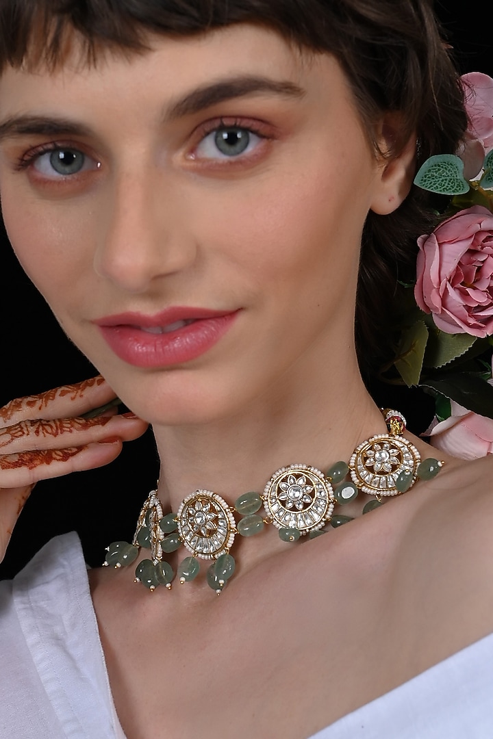 Gold Plated Jadau Kundan Polki Choker Necklace by Shlok Jewels at Pernia's Pop Up Shop