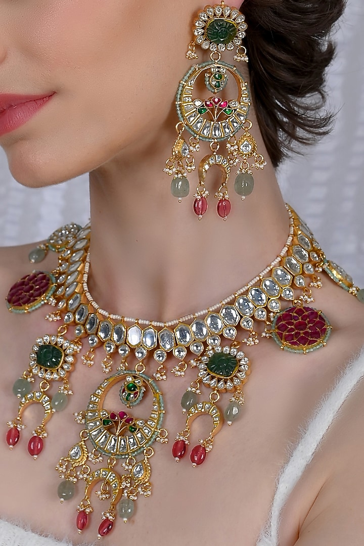 Gold Plated Multi-Colored Jadau Kundan Polki Necklace Set by Shlok Jewels at Pernia's Pop Up Shop
