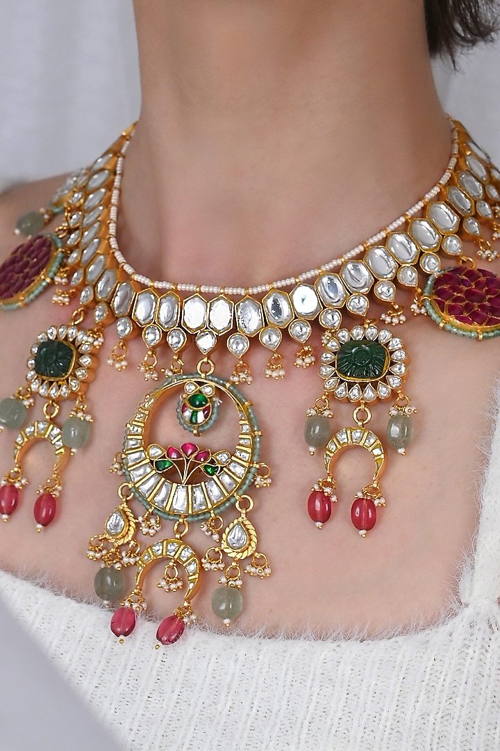 Gold Plated Multi-Colored Jadau Kundan Polki Necklace Set by Shlok Jewels at Pernia's Pop Up Shop