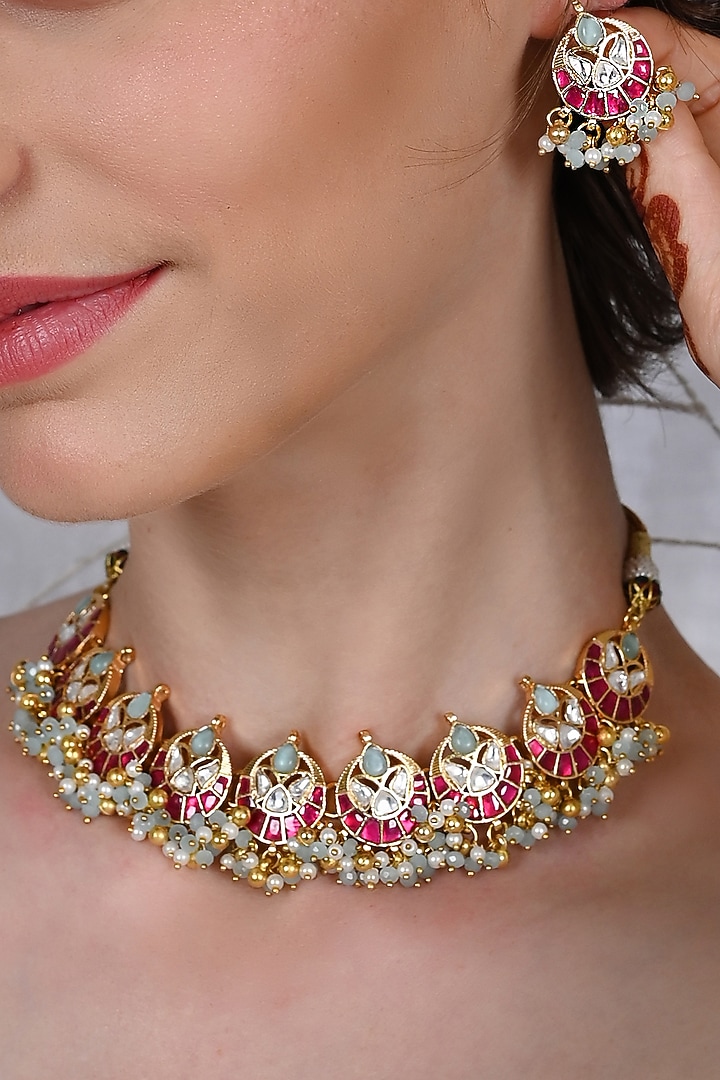 Gold Plated Multi-Colored Jadau Kundan Polki Necklace Set by Shlok Jewels at Pernia's Pop Up Shop