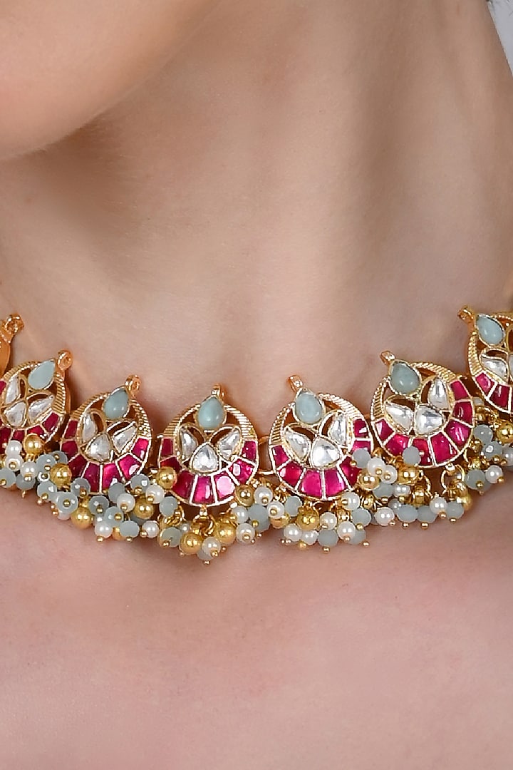 Gold Plated Multi-Colored Jadau Kundan Polki Necklace Set by Shlok Jewels at Pernia's Pop Up Shop