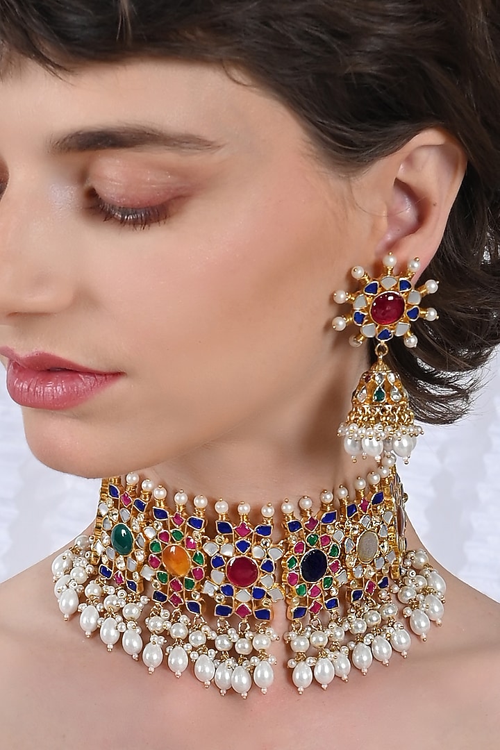 Gold Plated Multi-Colored Jadau Kundan Polki Choker Necklace Set by Shlok Jewels at Pernia's Pop Up Shop