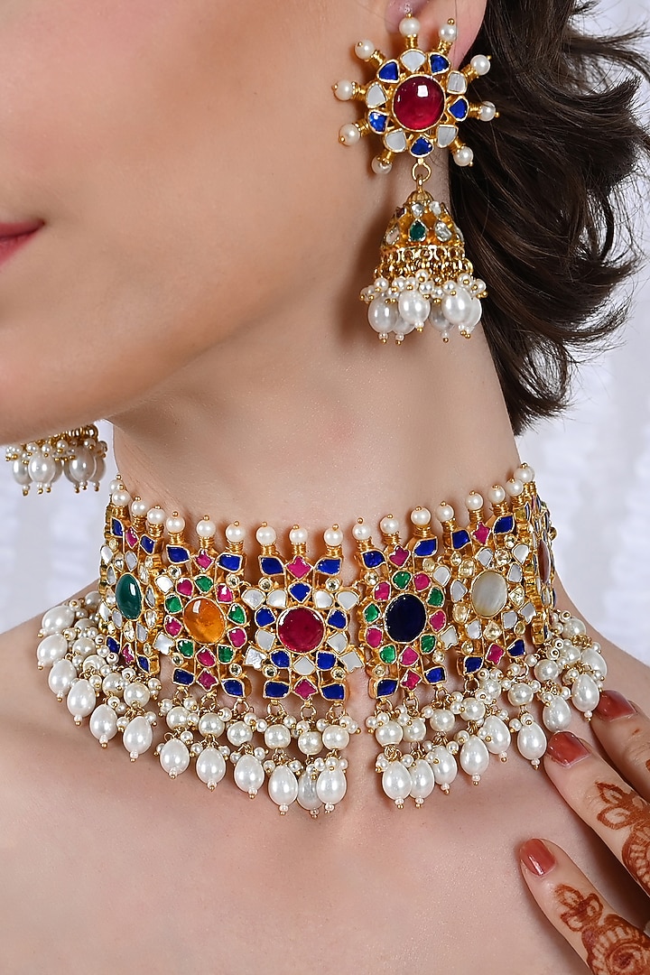 Gold Plated Multi-Colored Jadau Kundan Polki Choker Necklace Set by Shlok Jewels at Pernia's Pop Up Shop