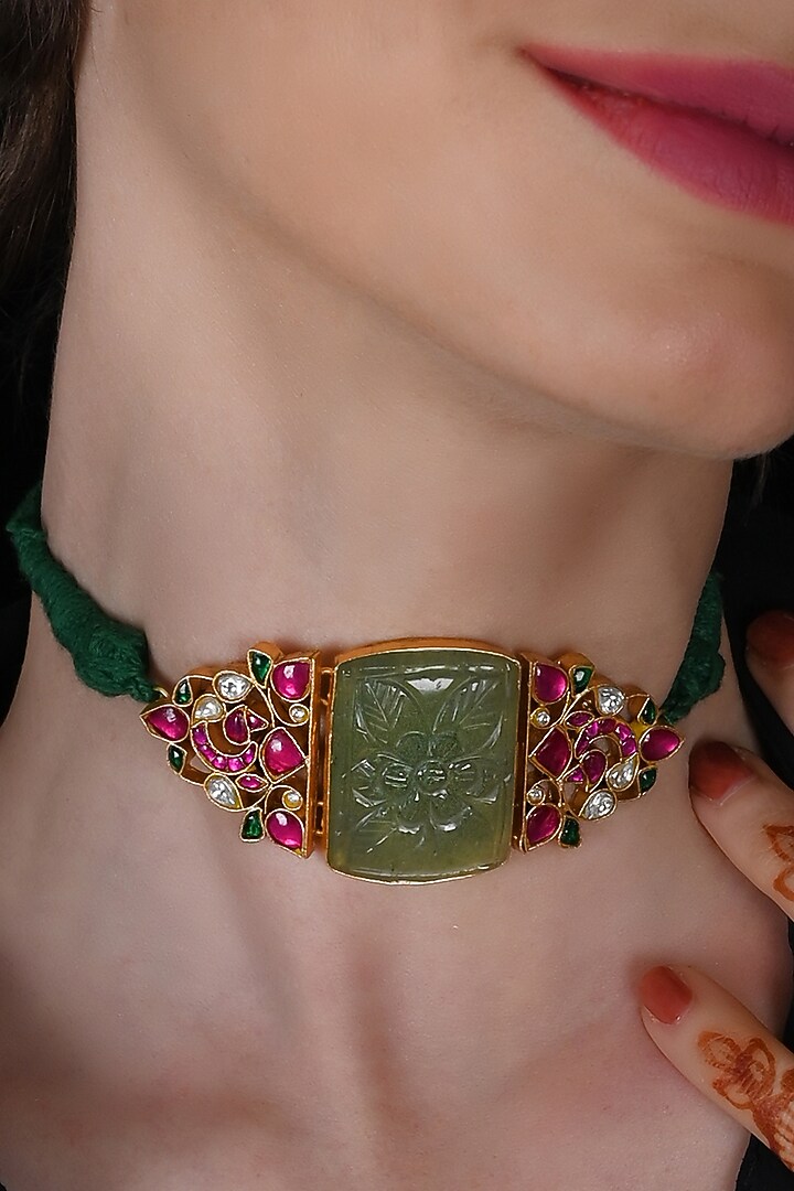 Gold Plated Multi-Colored Jadau Kundan Polki Choker Necklace by Shlok Jewels at Pernia's Pop Up Shop