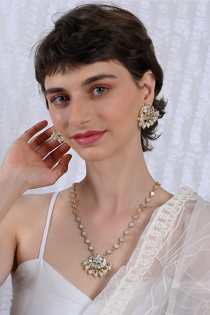 Gold Plated Mother Of Pearl Long Necklace Set by Shlok Jewels at Pernia's Pop Up Shop