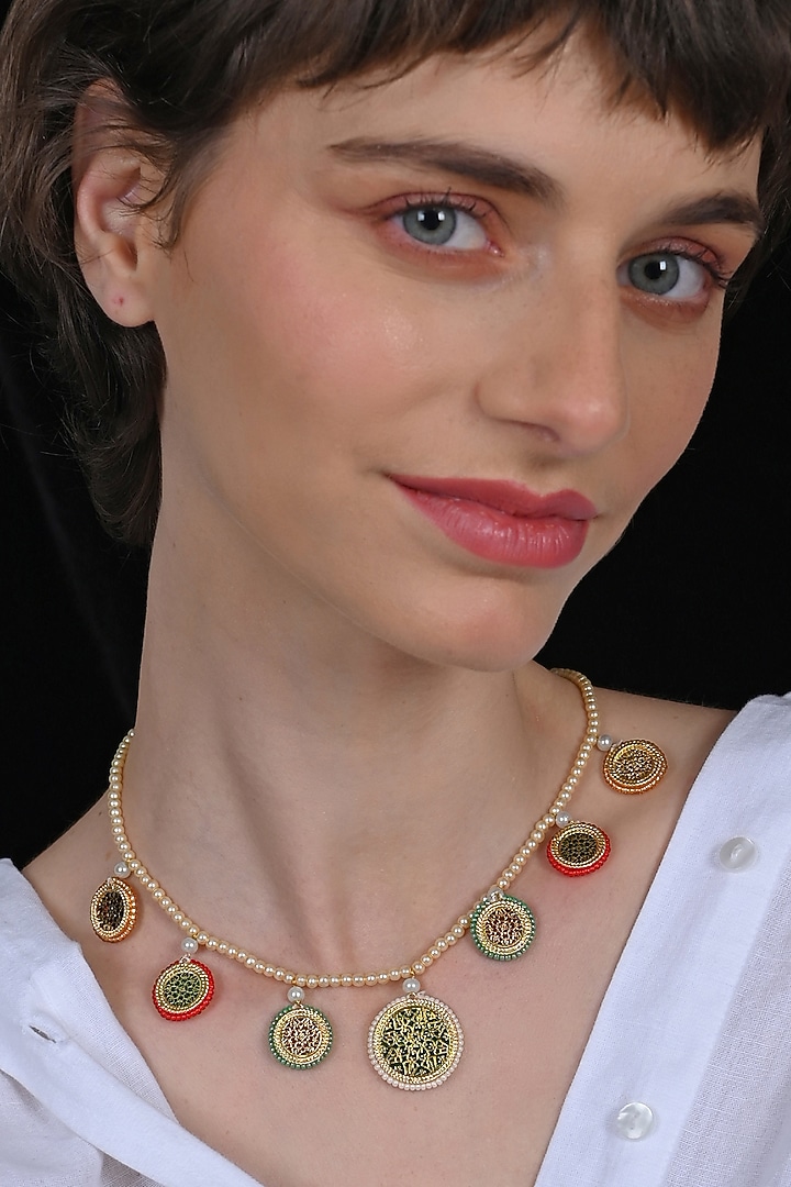 Gold Plated Jadau Kundan Polki Beaded Necklace by Shlok Jewels at Pernia's Pop Up Shop