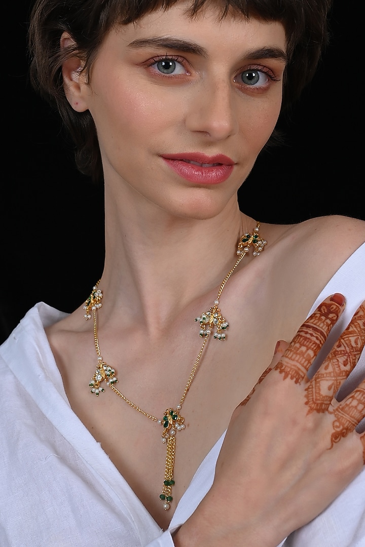 Gold Plated Green Jadau Kundan Polki Long Necklace by Shlok Jewels at Pernia's Pop Up Shop