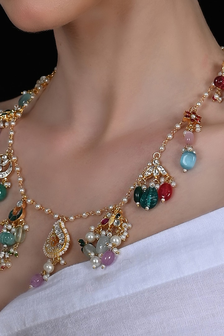Gold Plated Multi-Colored Jadau Kundan Polki Long Necklace by Shlok Jewels at Pernia's Pop Up Shop
