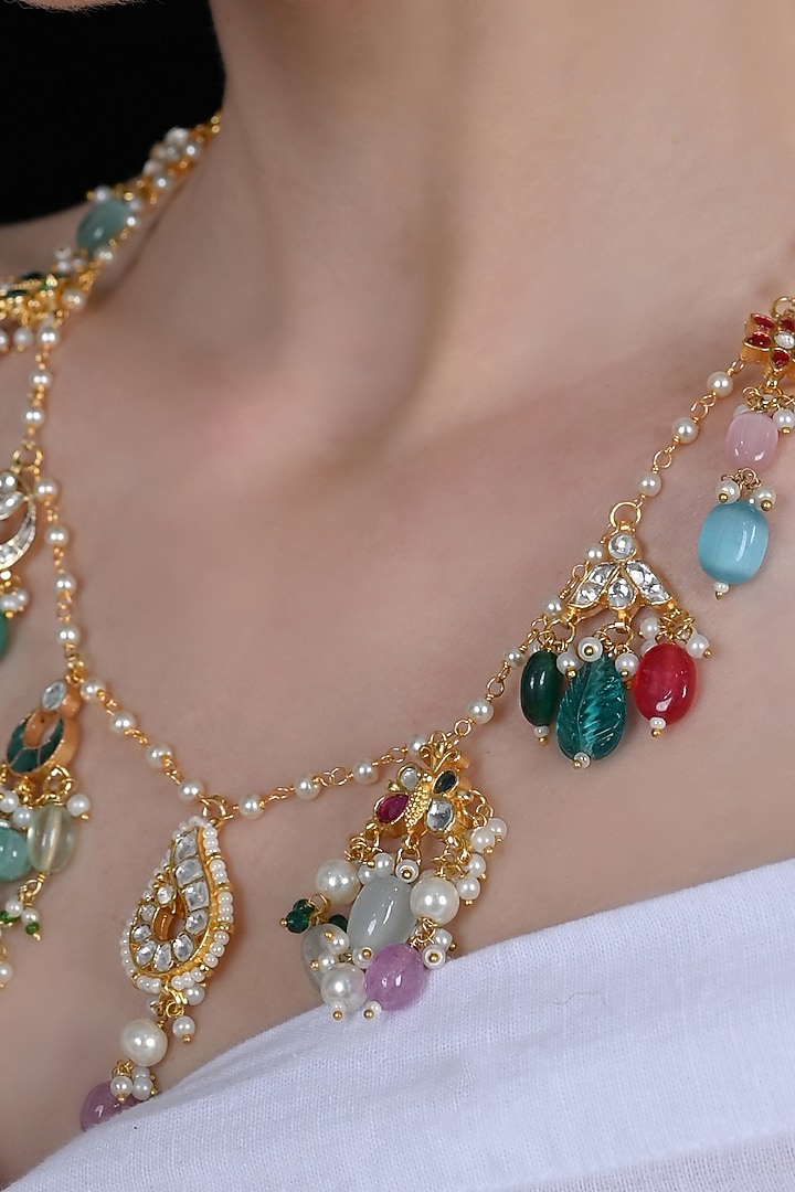 Gold Plated Multi-Colored Jadau Kundan Polki Long Necklace by Shlok Jewels at Pernia's Pop Up Shop