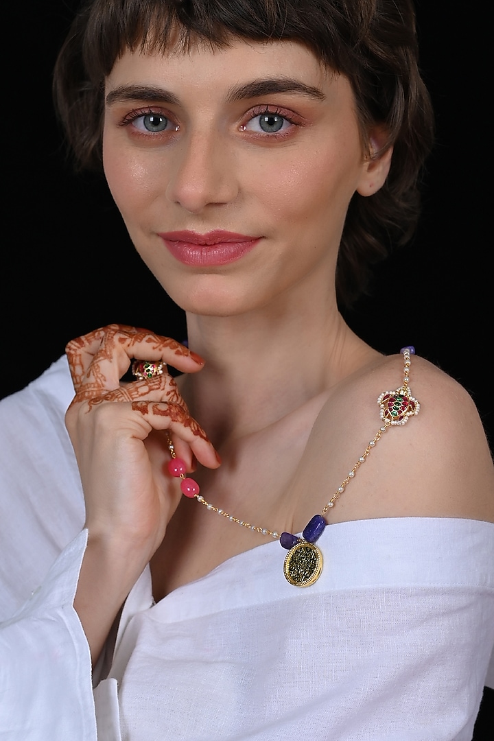 Gold Plated Multi-Colored Jadau Kundan Polki Long Necklace by Shlok Jewels at Pernia's Pop Up Shop
