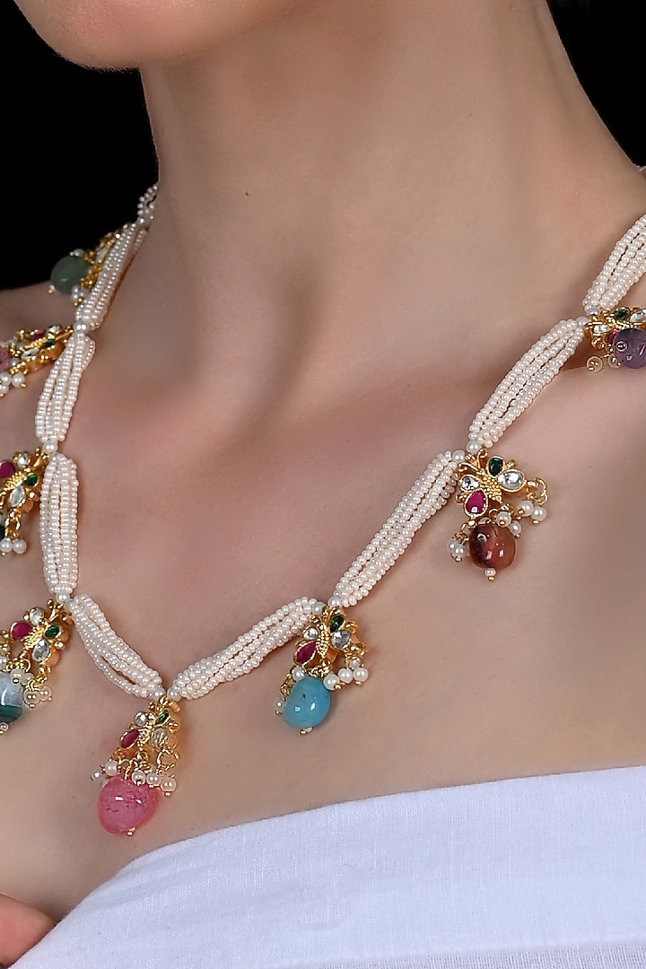 Gold Plated Multi-Colored Jadau Kundan Polki Long Necklace Set by Shlok Jewels at Pernia's Pop Up Shop
