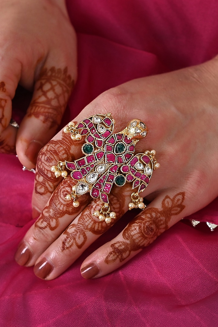 Gold Plated Multi-Colored Jadau Kundan Polki Ring by Shlok Jewels at Pernia's Pop Up Shop