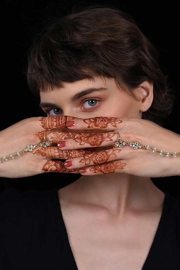 Gold Plated Jadau Kundan Polki Hand Harness (Set Of 2) by Shlok Jewels at Pernia's Pop Up Shop