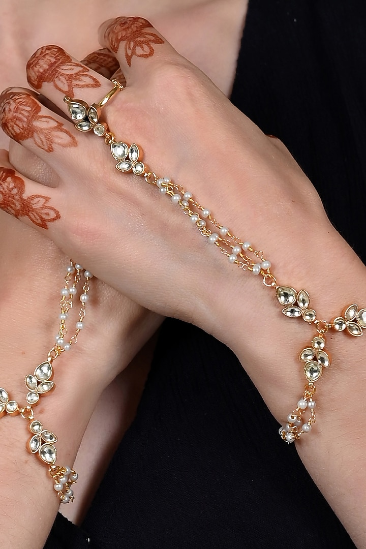 Gold Plated Jadau Kundan Polki Hand Harness (Set Of 2) by Shlok Jewels at Pernia's Pop Up Shop