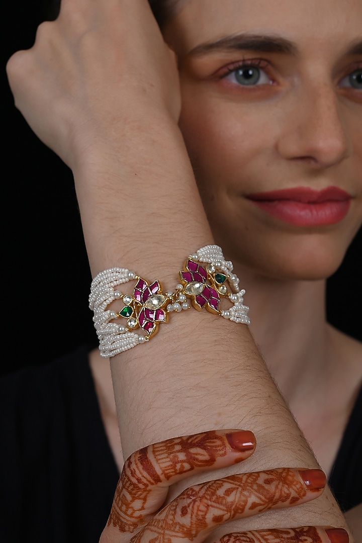 Gold Plated Multi-Colored Jadau Kundan Polki Bracelet by Shlok Jewels at Pernia's Pop Up Shop