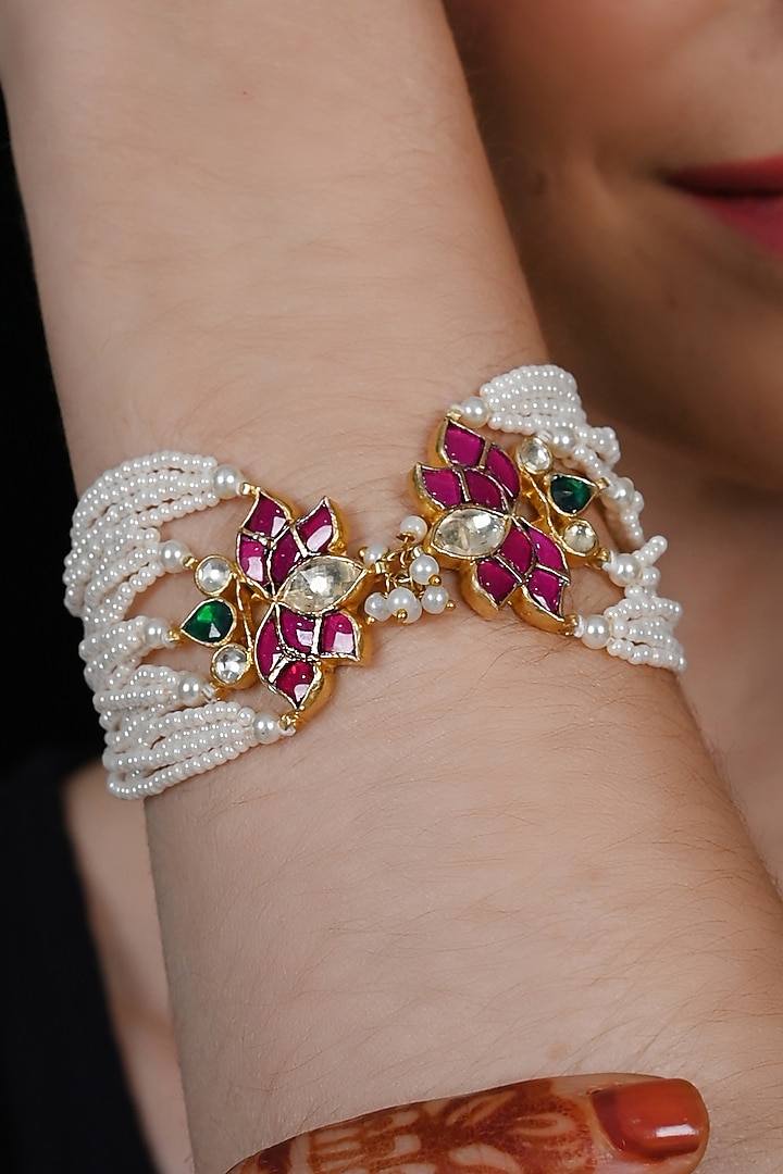 Gold Plated Multi-Colored Jadau Kundan Polki Bracelet by Shlok Jewels at Pernia's Pop Up Shop