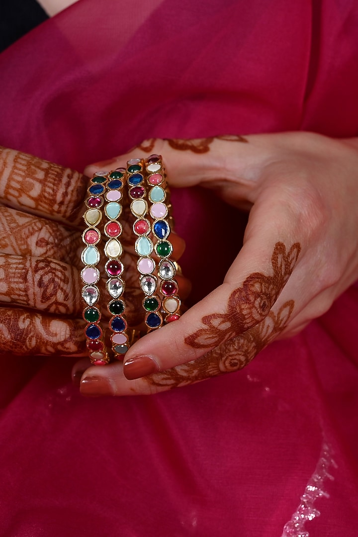 Gold Plated Multi-Colored Jadau Kundan Polki Bangles (Set Of 4) by Shlok Jewels at Pernia's Pop Up Shop