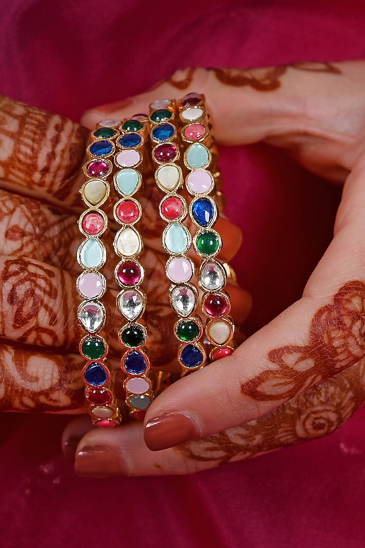Gold Plated Multi-Colored Jadau Kundan Polki Bangles (Set Of 4) by Shlok Jewels at Pernia's Pop Up Shop