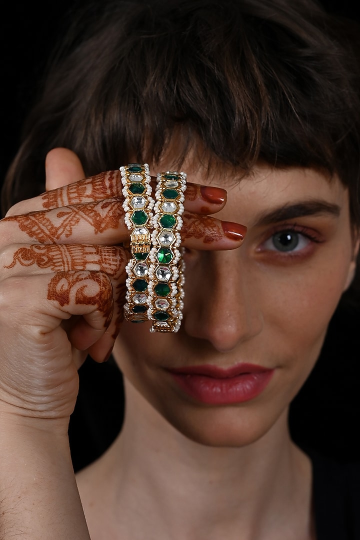 Gold Plated Multi-Colored Jadau Kundan Polki Bangles (Set Of 2) by Shlok Jewels at Pernia's Pop Up Shop