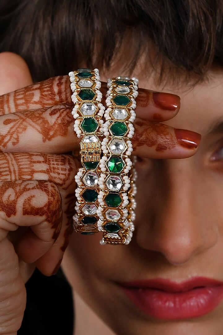 Gold Plated Multi-Colored Jadau Kundan Polki Bangles (Set Of 2) by Shlok Jewels at Pernia's Pop Up Shop