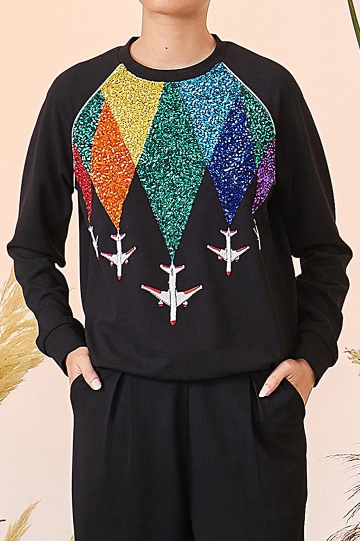 Black Embroidered Sweatshirt by Shahin Mannan at Pernia's Pop Up Shop