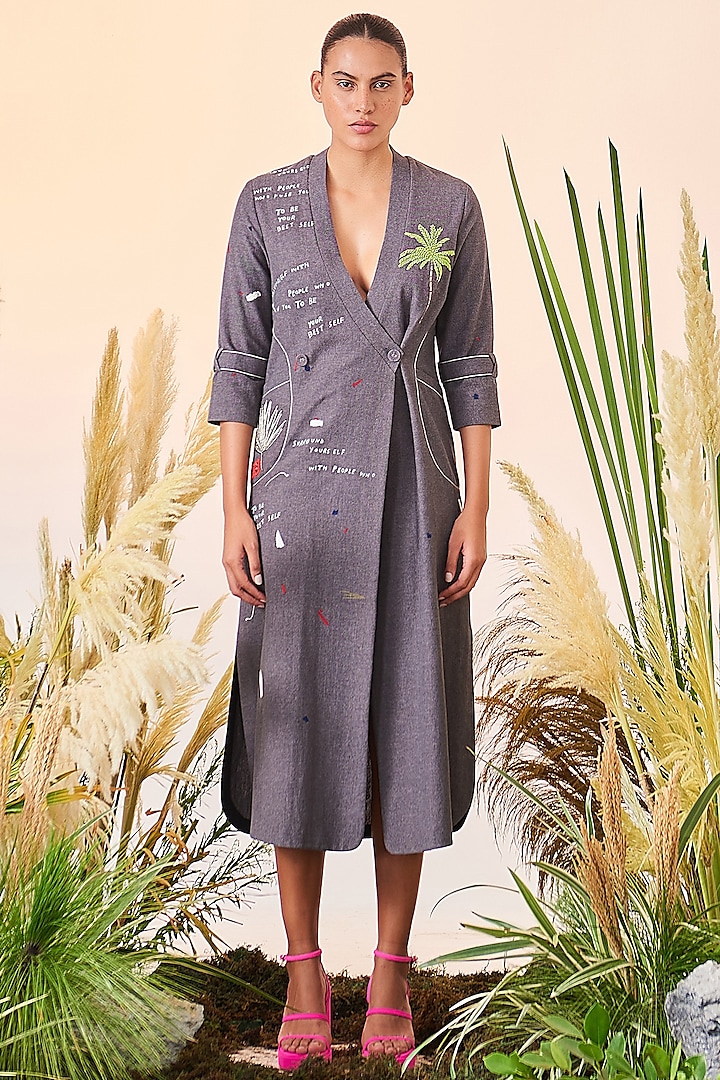 Grey Embroidered Midi Dress by Shahin Mannan