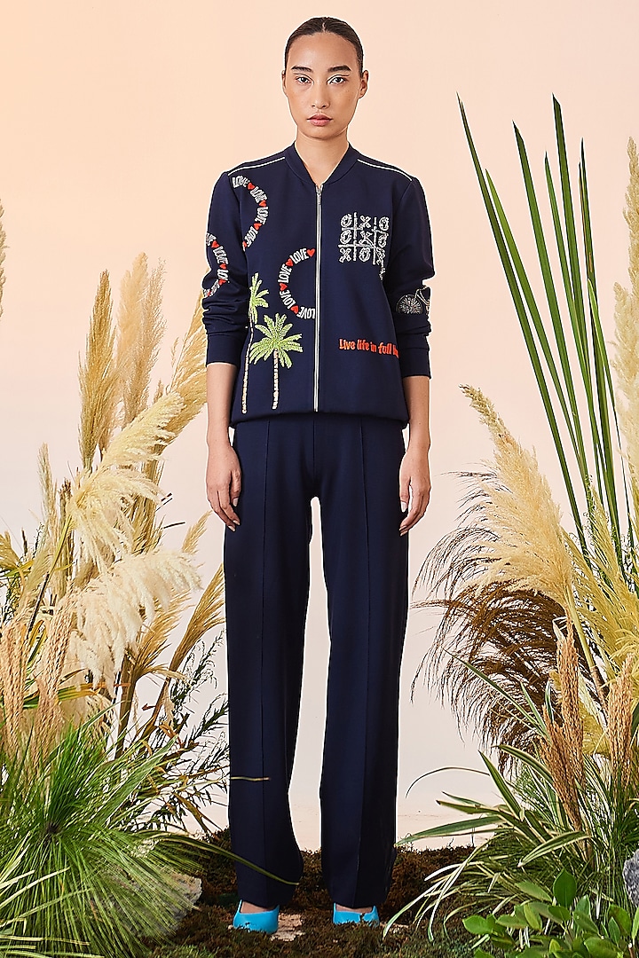 Navy Blue Embroidered Bomber Jacket by Shahin Mannan