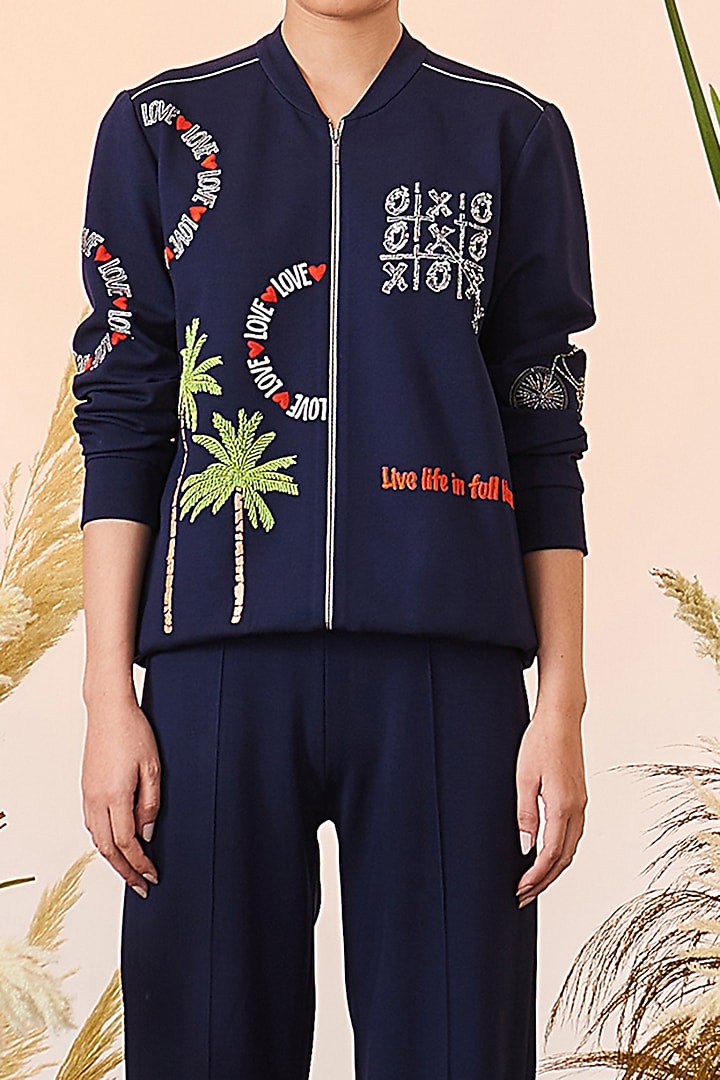 Navy Blue Embroidered Bomber Jacket by Shahin Mannan at Pernia's Pop Up Shop