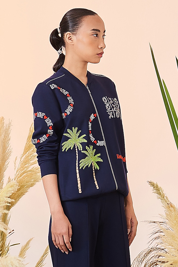 Navy Blue Embroidered Bomber Jacket by Shahin Mannan at Pernia's Pop Up Shop