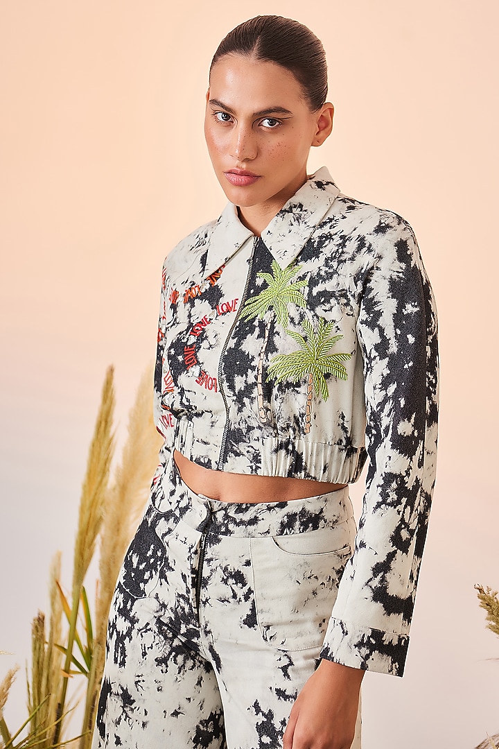 Grey Cloud Wash Embroidered Short Jacket by Shahin Mannan at Pernia's Pop Up Shop