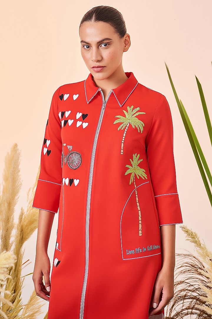 Red Embroidered Mini Vacation Shirt Dress by Shahin Mannan at Pernia's Pop Up Shop