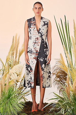 Grey Cloud Wash Embroidered Coat Dress by Shahin Mannan