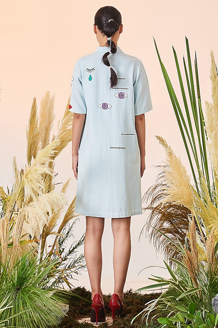 Light Blue Hand Embroidered Vacation Shirt Dress by Shahin Mannan at Pernia's Pop Up Shop