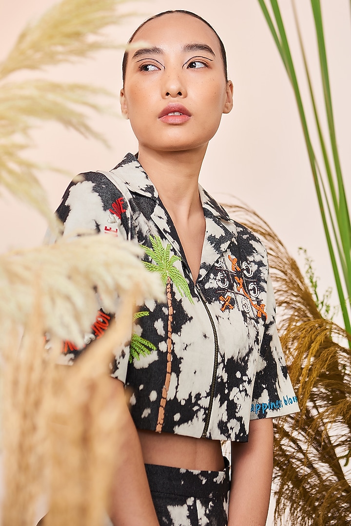 Grey Cloud Wash Embroidered Crop Shirt by Shahin Mannan at Pernia's Pop Up Shop