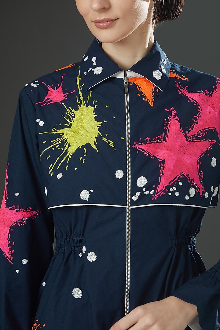 Navy Blue Poplin Embroidered Trench Cocktail Dress by Shahin Mannan at Pernia's Pop Up Shop