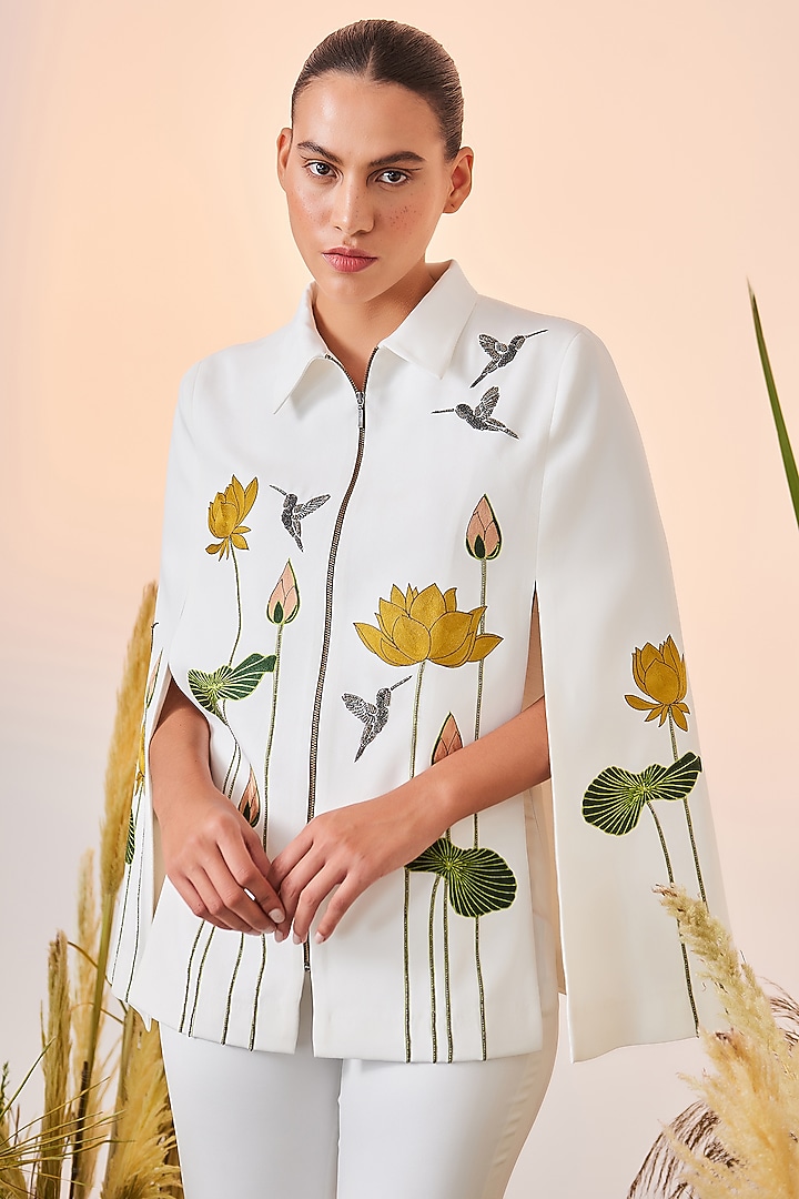 White Embroidered Cape by Shahin Mannan at Pernia's Pop Up Shop