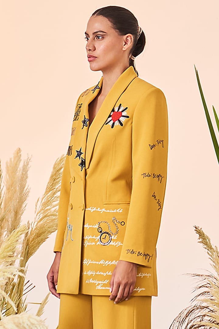 Mango Yellow Embroidered Blazer by Shahin Mannan at Pernia's Pop Up Shop