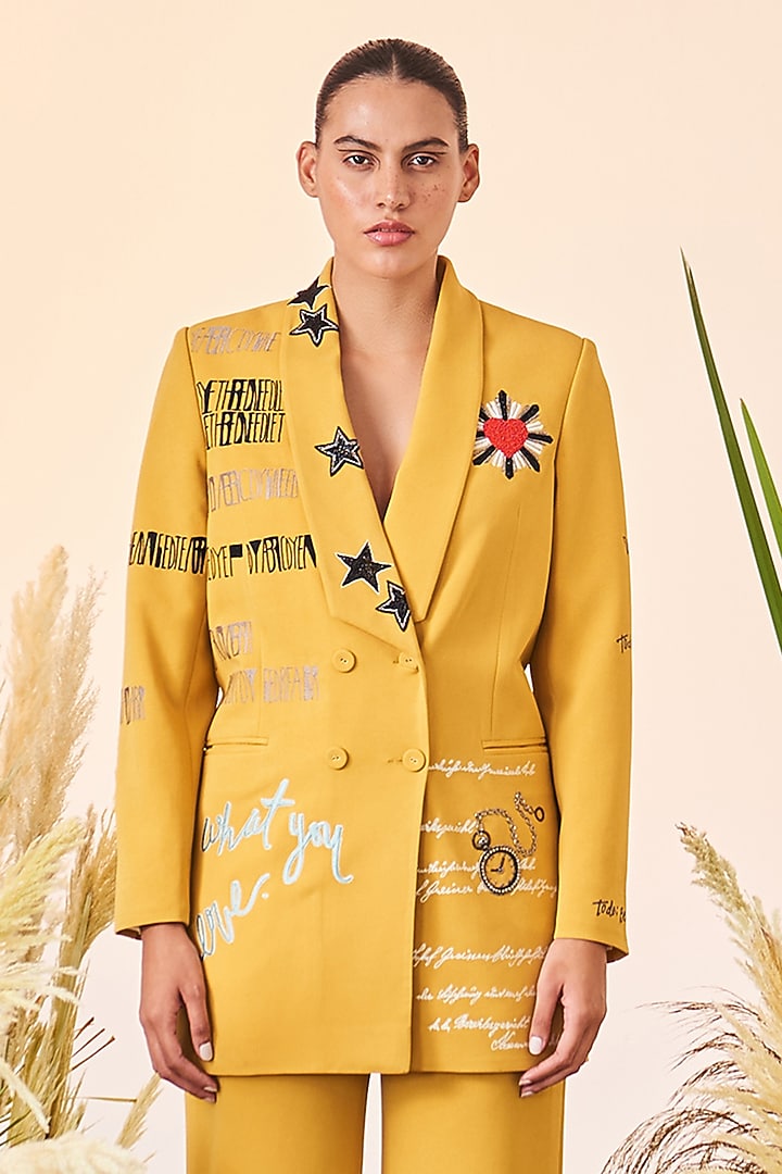 Mango Yellow Embroidered Blazer by Shahin Mannan at Pernia's Pop Up Shop