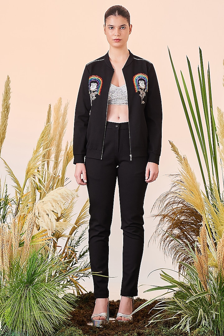 Black Hand Embroidered Bomber Jacket by Shahin Mannan