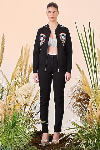 Black Hand Embroidered Bomber Jacket by Shahin Mannan