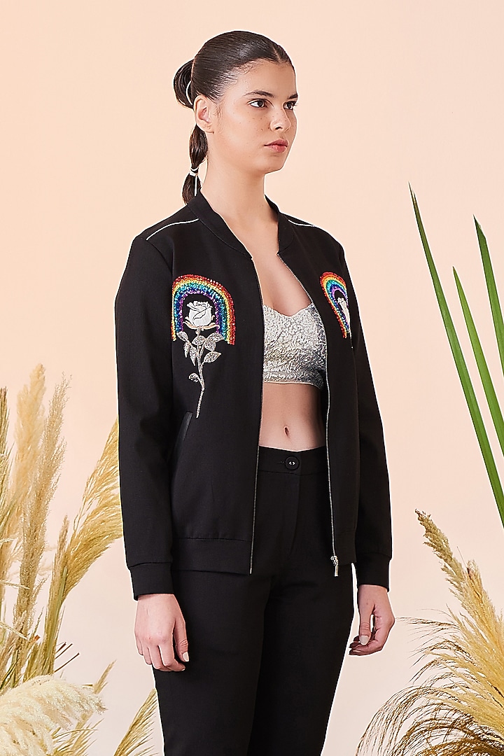 Black Hand Embroidered Bomber Jacket by Shahin Mannan at Pernia's Pop Up Shop
