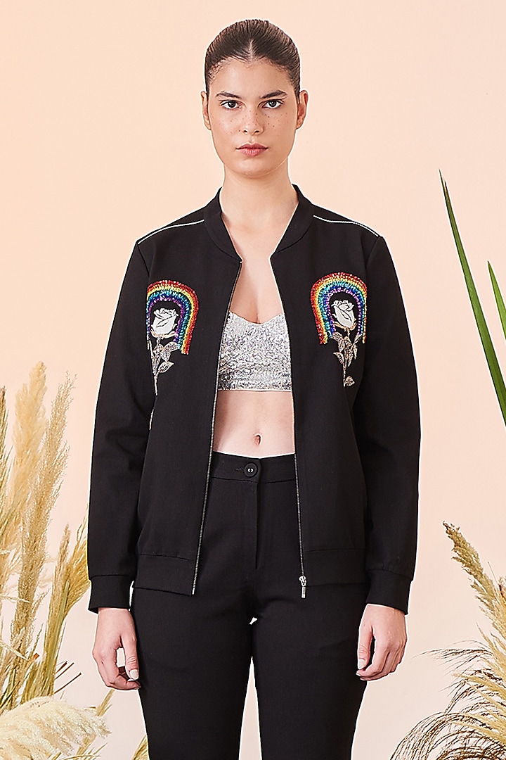 Black Hand Embroidered Bomber Jacket by Shahin Mannan at Pernia's Pop Up Shop