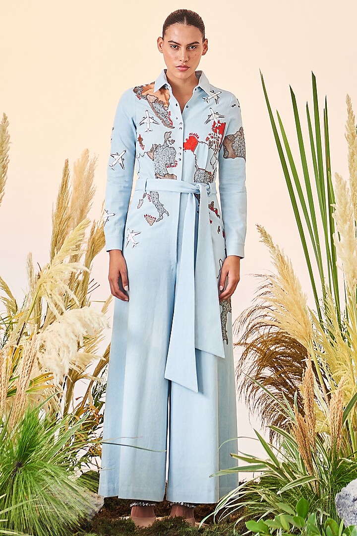 Light Blue Hand Embroidered Jumpsuit by Shahin Mannan