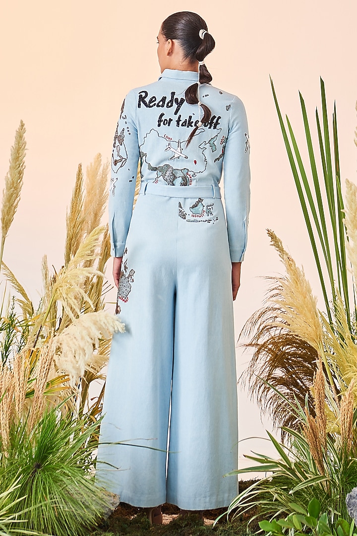 Light Blue Hand Embroidered Jumpsuit by Shahin Mannan at Pernia's Pop Up Shop