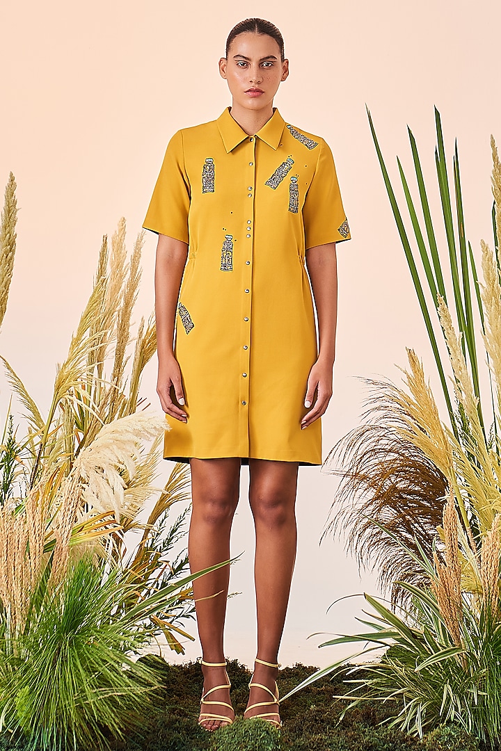 Yellow Embroidered Shirt Dress by Shahin Mannan